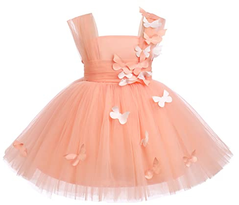 Dresses for Kids Flower Girl Dress: Bridesmaid Sleeveless Butterfly Tulle Princess Birthday Outfit - Wedding Party Christening Ball Gown Peach Pink 100