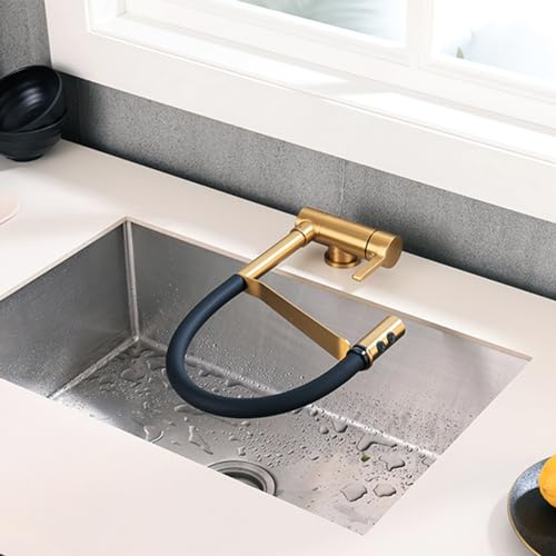 XJTNLB Grifo Cocina Bajo Ventana Extraible y Abatible Oro Cepillado Flexible Mezclador