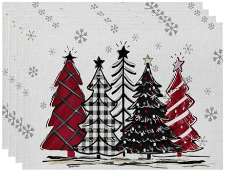 4er Set Platzset Weihnachten Tischset Weihnachten Leinen Platzdeckchen 30x45cm Winter Tischsets mit Kiefern Elch Schneeflocken Weihnachtsdeko (09)