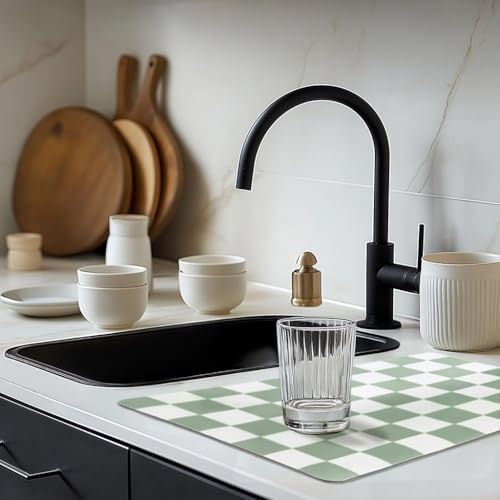 Checkered Dish Drying Mat for Kitchen Counter, Non Slip Coffee Machine Mat Accessories, Super Absorbent Draining Board Mat, Quick Dry Kitchen Mat for Worktop Bar (Sage, 30x50cm)