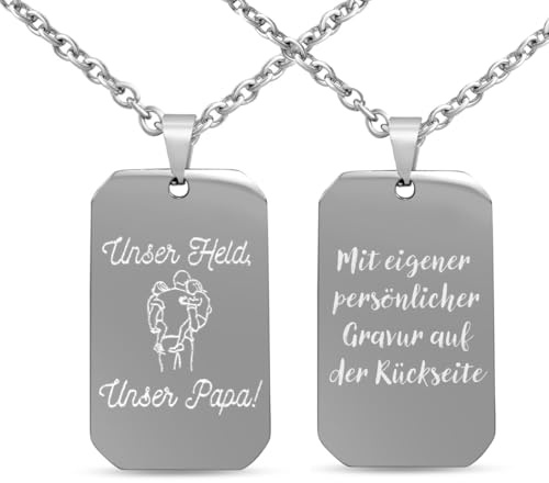 Hanessa Personalisierte Dog Tag Kette Gravur in silber - Für den besten Papa aus Edelstahl- Personalisierte Kette für den Vater Herren - Erkennungsmarke Männer Halskette Dog Tag