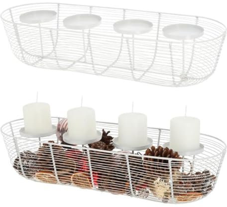 MACOSA CP67964 Adventskranz Weiß Metall 50 cm modern Elegantes Adventsgesteck 4 Kerzenhalter Tisch-Dekoration Advent Weihnachtsdeko Metallkranz Drahtkranz Dekokranz (Weiß)