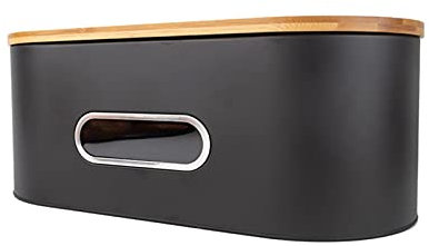 Panera de metal con tabla de cortar, grande, color negro, para encimera de cocina, contenedor de almacenamiento estilo granja (17 x 8 x 7 pulgadas)