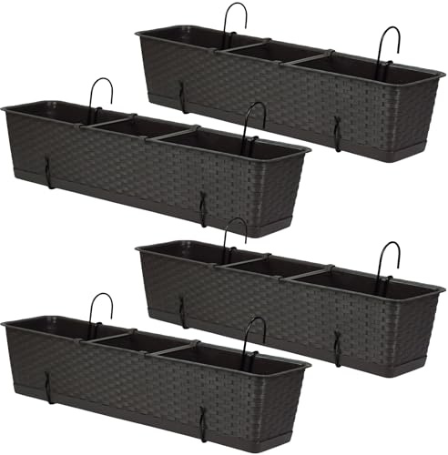 Blumenkasten Balkon Set 4 X 69 cm x 17 cm | Pflanzkasten wetterfest mit Untersetzer und Halterung | Balkonkasten in Rattanoptik für die stilvolle Bepflanzung von Terrasse und Balkon | Umbra