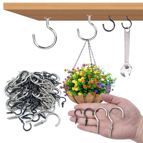 MUWINC 4 Größen Robuste Schraubhaken Schwarz Silber Set für Wand und Decke - 60 Stück Haken Zum Schrauben,Vielseitige Aufhänglösung für Haus, Garten und Garage