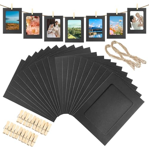 20 Pcs 4x6 Paper Picture Frame, Black Paper Picture Frames with Clip and Strings Lightweight Photo Display for Party Home Office DIY Wedding Decoration