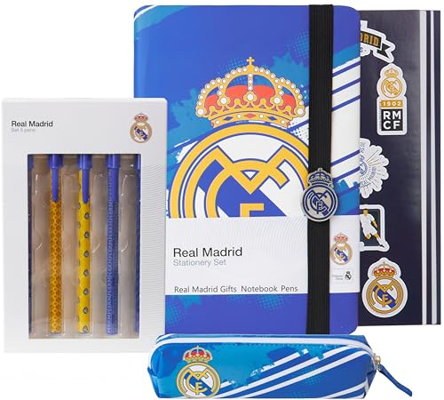 Real Madrid Libreta con Estuche Boligrafos Bonitos Pegatinas Kawaii Set Papeleria Material Escolar Regalos Futbol Niños y Adultos