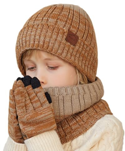 MAZELIKEHOOD 3 Pièces Bonnet Gants Écharpe Garçon Ensemble Chaud Hiver pour Enfants Trico Doux Accessoires Nécessaire Extérieur Sport