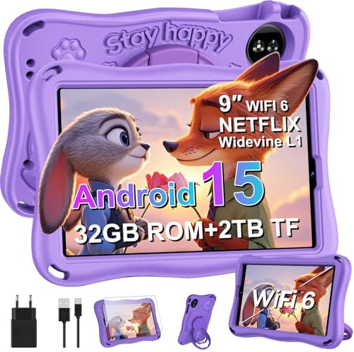 SUAAT 2026 Tablet per bambini Android 15, 9 Pollici 12+32GB(2TB TF),kids tablet, iWAWA,WiFi 6, 2Ghz, Widevine L1, BT 5.0, GMS,Cast, AI,5000mAh, Controllo parentale,Con custodia protettiva Eva,Viola