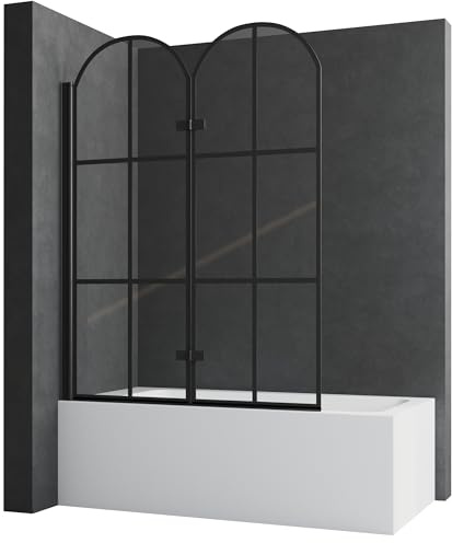 Duschwand für Badewanne 120x140 cm, Badewannenaufsatz Duschwand Schwarze Bogentur 2-teilig Faltbar 6 mm NANO ESG Sicherheitsglas Duschabtrennung Badewanne