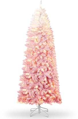Ronipic 6Ft Gradient Snow Flocked Pencil Christmas Tree,Slim Artificial Xmas Tree with 260 Warm & RGB Lights,Elegant Skinny Christmas Decoration for Home, Living Room,or Office,Pink