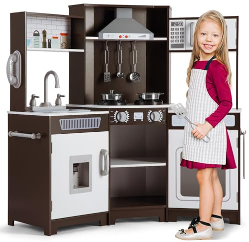JOYLDIAS Kinder Spielküche Holz, Ecke Holz Pretend Kinderküche Spielzeug Set mit mit Klang und Licht, Wasserspender, Mikrowelle, Telefon, Waschbecken, Puppenküche für Alter 3+