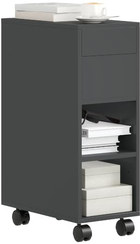 HOMCOM Tavolino con piano di lavoro scorrevole e rotelle, Tavolino con ripiano regolabile e portaoggetti nascosto, per soggiorno, camera da letto, nero