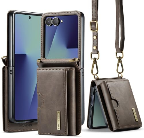UDBKKDX Étui Portefeuille pour Samsung Galaxy Z Flip 7, Housse avec Support de Visionnage et Bandoulière, Couvercle Café