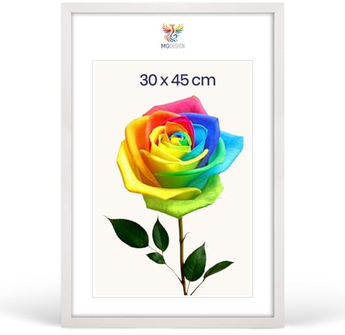 MG Design Bilderrahmen 30 x 45 cm – Posterrahmen mit Weiß Holzrahmen (Echtholz) und bruchsicherem Acrylglas, Hoch & Quer mit stabiler Wandaufhängung