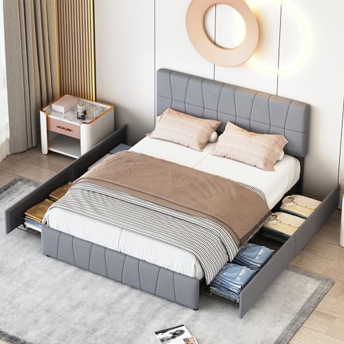 Lodera Polsterbett, 160 x 200 cm, mit 4 Schubladen und verstellbarem Kopfteil, Doppelbett mit viel Stauraum und Lattenrost, Doppelbett, Samt, Grau