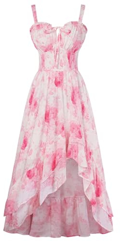 Scarlet Darkness Dam Viktorianskt Blommigt Klänning Spaghettiremmar Sommarklänning High-Low Volantkant Lång Klänning, XL