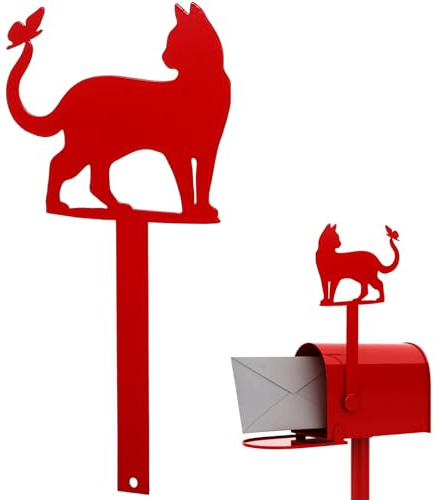 SEWACC Ornement Décoratif de Boîte aux Lettres en Fer Rouge, Panneau de Jardin Silhouette Féline et Insecte, Décoration Extérieure pour Porte D'entrée, Accessoire Original pour Pelouse