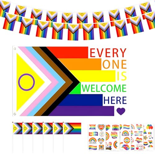Shyllin Arco Iris Bandera Orgullo, Gay Bandera Arcoiris,150 * 90cm Lgbt Flag+21*Pride Banderas+6*Pride Banderas Mano+5*Arcoiris Pegatinas, Grande Lgbt Flag para Desfile, Festival, Fiesta, Carnaval