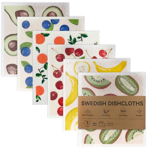 6PCS Swedish Dishcloth Set Reusable Cleaning Cloths | Biodegradable Dish Cloths with Fruit Pattern for Washing Up and Household Cleaning