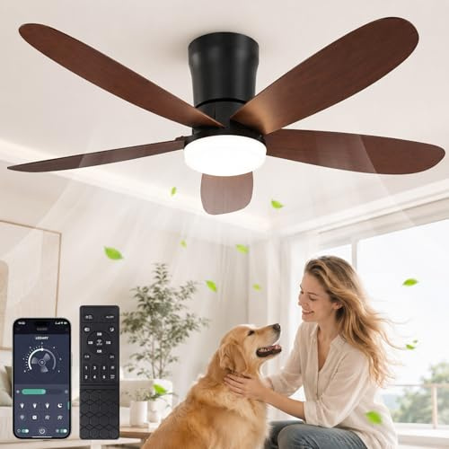 HEMVOR 106 cm Deckenventilator mit Beleuchtung und APP-Steuerung, Leise mit DC Motor, Dimmbar & Memory-Funktion, 5 Flügel Deckenleuchte mit Ventilator für Schlafzimmer Wohnzimmer, Walnuss