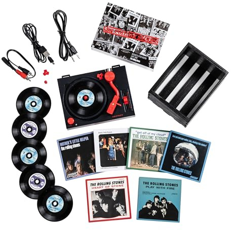 Crosley CR6037BT-RS Rolling Stones RSD3 Mini tocadiscos con caja y seis individuales de 3 pulgadas