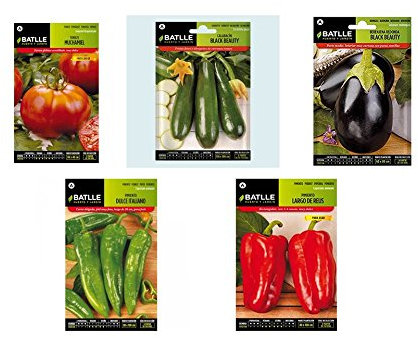 Lote de 5 sobres de semillas Batlle (Tomate, Pimiento Rojo y Verde, Calabacin y Berenjena)