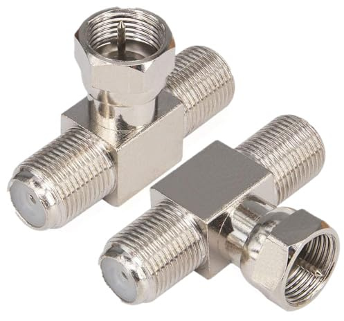 Kaunosta Coaxial Cable Splitter,T Shape TV Antenna Splitter/Combiner RG6 F Type Male to 2 Female 3 Way 2 in 1 Out F Coax T Adapter for TV Video VCR Antenna Satellite Consumer Television 2pcs