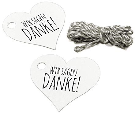 Frau WunderVoll® 40 Anhänger weiß + 12m Kordel - Herz, 5,8 cm, WIR Sagen Danke Geschenkanhänger/Papieranhänger/Pappanhänger/Tags/Gastgeschenk Hochzeit