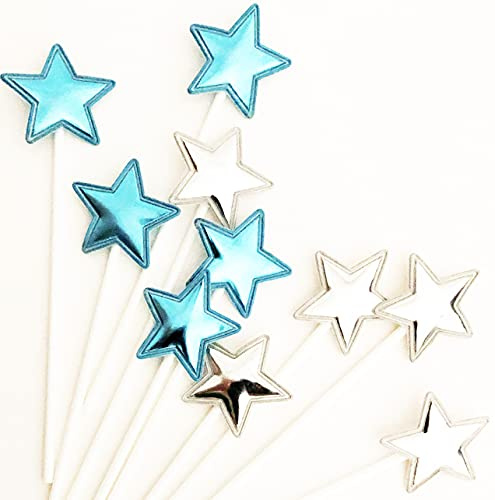 AILEXI Handmade 10 Counts Leather Reflective Glitter Cake Decorating Toppers for cake cupcake and icecream - 5 Light Blue and 5 Silver Stars