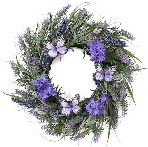 Valery Madelyn Türkranz Frühling, Künstliche Lavendel Blumenkranz mit Schmetterling, groß Ø 46cm Frühlingskranz Türkranz Wandkranz Türkranz Sommer für Zuhause, Parties, Türen, Hochzeiten Geschenk