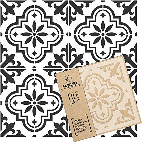NAKLEO Plantilla de plástico reutilizable Valetta Tile – 30x30cm - Morisco Floral Español - Geométrico marroquí - Adoquín Bloque Concreto Piso Pared Pintura Plantilla Madera