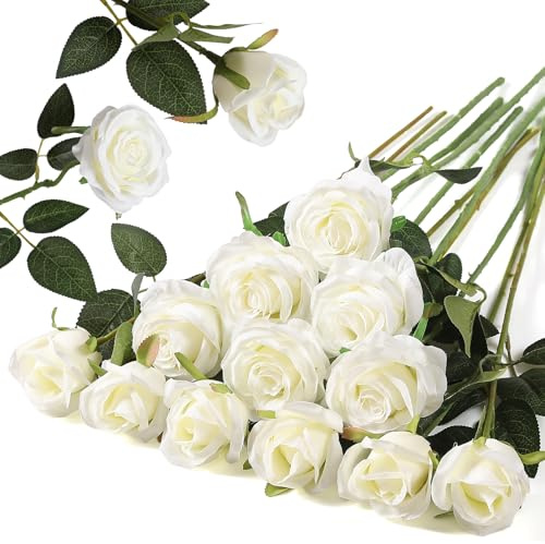 Hawesome 12PCS Artificial Silk Flowers Realistic Roses Bouquet Long Stem for Home Wedding Decoration Party (White, 6 Flowers 6 Buds)