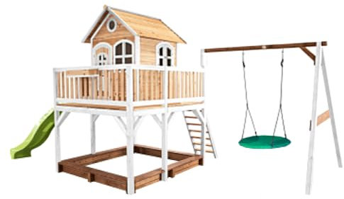 AXI Liam Playhouse for Kids Outdoor, sandpit, nesting swing & lime green slide | Play house for the garden/outdoor in brown & white from FSC wood