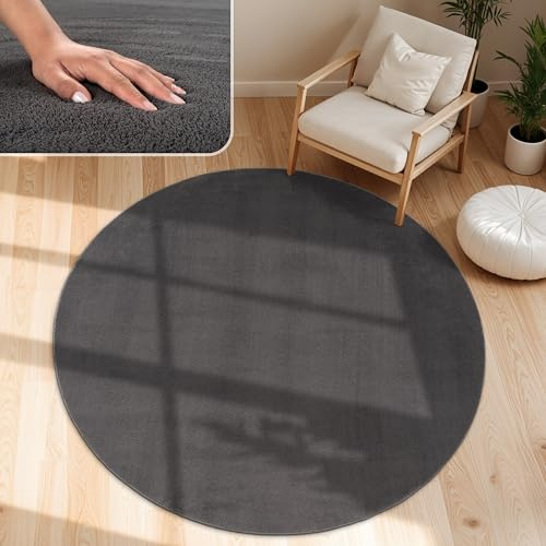 Paco Home Moderner Kuscheliger Wohnzimmer Teppich Kurzflor waschbar flauschig Weich Einfarbig Felloptik zeitlos stilvoll rutschfest pflegeleicht, Grösse:120 cm Rund, Farbe:Anthrazit