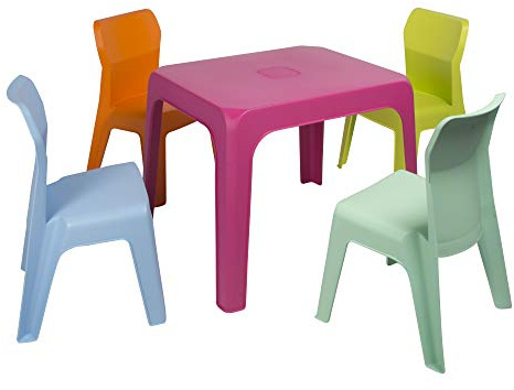 garbar RESOL Set Jan Mesa Infantil con Sillas | 4 Sillas Niños y Mesa de Plástico | Apilables y de Muy Fácil Limpieza y Mantenimiento | Mesa Fucsia + 4 sillas Aquamint/Naranja/Lima/Azul