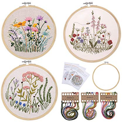 RosewineC 3 Pack Embroidery Starter Kit, Full Range of Cross Stitch Supplies Plants Flowers Pattern with Embroidery Clothes Hoops Threads Needles for Beginners Adults Kids