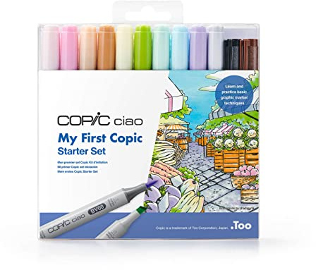 Copic Ciao färgad markörpenna – set med 12 min första startare, för konst och hantverk, färgläggning, grafik, highlighter, design, anime, professionella och nybörjare, konsttillbehör och målarböcker