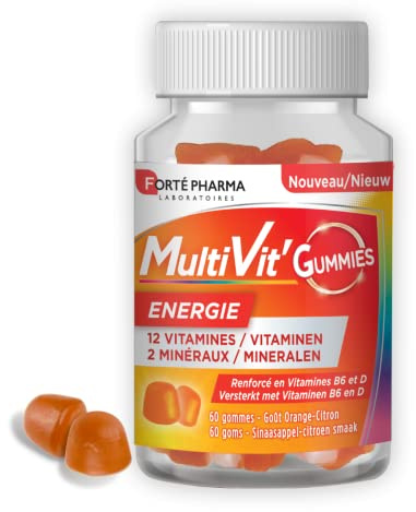 Forté Pharma Complément multivitamines Multivit' Gummies Energie 60 gommes | Energie & tonus, Adultes et Enfants dès 4 ans, 12 Vitamines et renforcé en Vitamines B5 et D, goût orange-citron, 2 mois