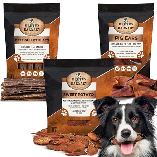 BRUTUS & BARNABY Whole Pig Ear (12-Pack) + Sweet Potato Treats (8oz) + Beef Jerky for Dogs (15-Pack)