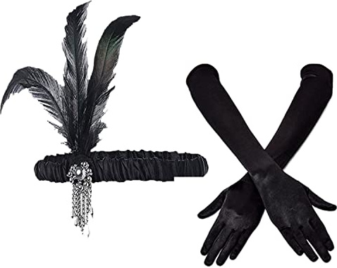VIKSAUN Accessoire Annee 20, Bandeau Flapper Vintage, Gants de Coude Noirs, Serre-Tête en Plumes Perlé, Gants Longs Noirs de Soirée