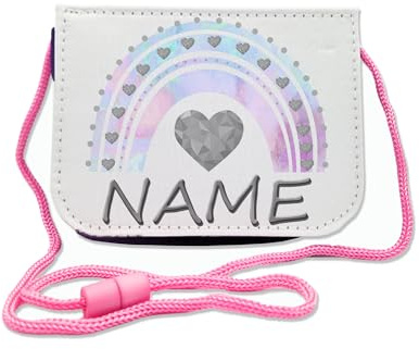 Maus-Design Kinder Brustbeutel mit Name, Pastell Regenbogen | Schriftartwahl, Klettverschluss, Schnur zum Umhängen, Klarsichtfach, personalisiert