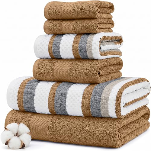 Modern Threads 6 Piece Bath Towel Set – Bathroom Towel Set with 2 Bath Towels, 2 Hand Towels & 2 Washcloths – 100% Cotton, Soft & Absorbent – Wide Stripe (Gold)
