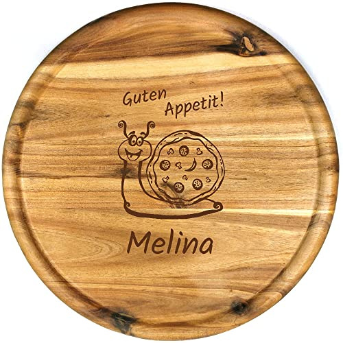 Sterngraf Pizzateller mit Gravur (Namen) personalisiertes Holz Pizzabrett 32cm - Geschenkidee zum Geburtstag Einschulung Kinder, Akazienholz Motiv P26 Pizza-Schnecke