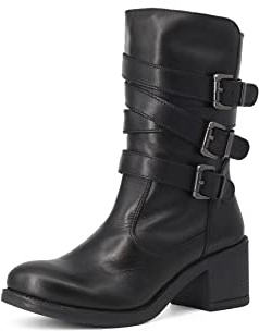 QUEEN HELENA Stivali Biker Stivaletti di Pelle con Tacco Zip Laterale Fibbia Donna S259 (Nero, numeric_36)