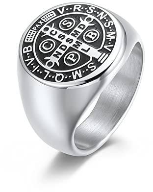 RobertDTesta Männer St. Benedikt Exorzismus Medaillon Ring, Katholische Exorzismus Kreuz Edelstahlring,Silber,12