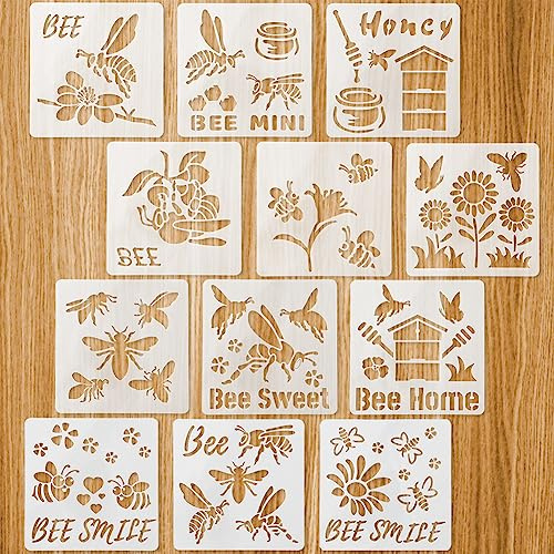 12 plantillas de dibujo de abeja, plantilla reutilizable de pintura de tarro de miel de abeja sonriente con flor dulce aerógrafo molde para manualidades, pintura, álbumes de recortes, decoración del