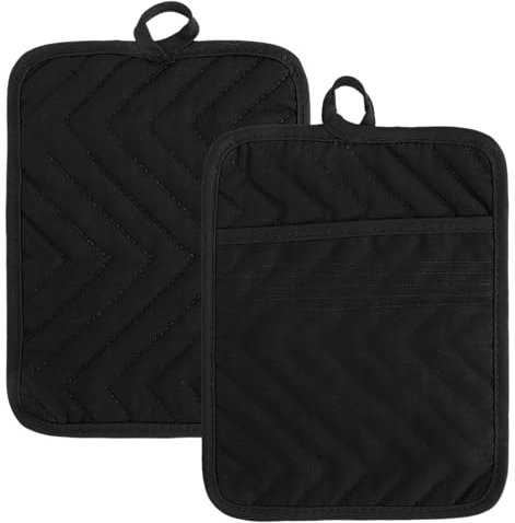 Sibba Black Pot Holders with Pocket, 2 Pcs Cotton Heat Resistant Potholder, 7 x 9 Inch Trivets Large Coasters, Baking Square Oven Mitts for Kitchen and Baking