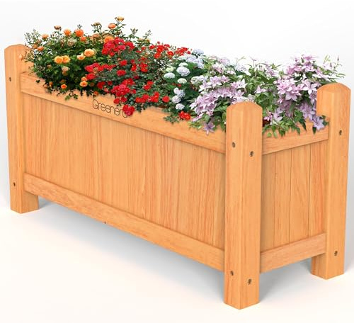 Vivo Technologies Set of 2 Large Wooden Garden Planter Outdoor Flowers Plant Pot Rectangular Garden Planters Planting Raise Bed Patio Decking, 60x20x34 cm, Natural