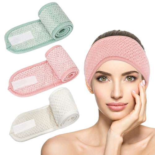KEYRI 3 Piezas Diadema de Maquillaje, Diadema Para Mujer Cinta Pelo Maquillaje de Forro Polar Coral Banda Skincare Banda Ajustable con Cinta Mágica para Spa Yoga (Verde, Rosa, Blanco)